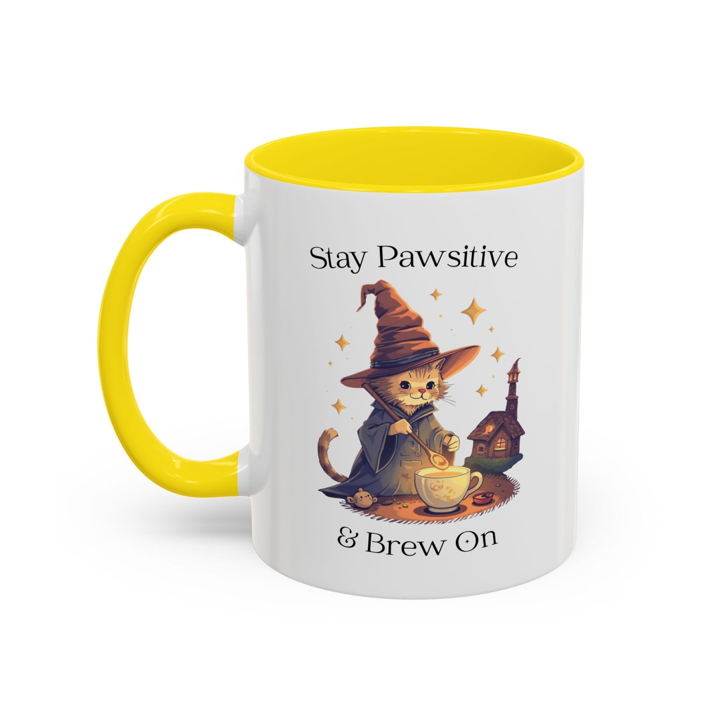 Magical Cat Coffee Mug – Stay Pawsitive & Brew On Cup, Wizard Cat Coffee Gift, Cute Cat Lover Mug, Cat Magic Potion Mug, Gifts for Coffee Lovers