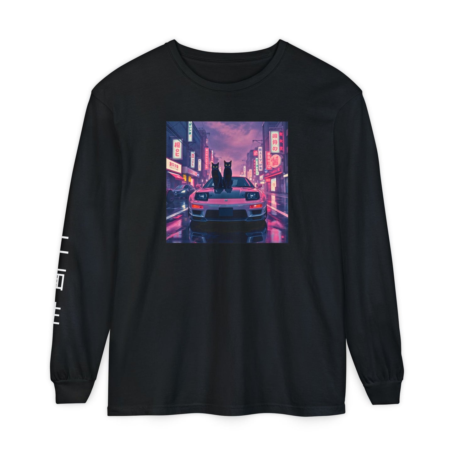 Japanese Car Culture Cat Long Sleeved T-Shirt - Dual Black Cats JDM Streetwear with Kanji