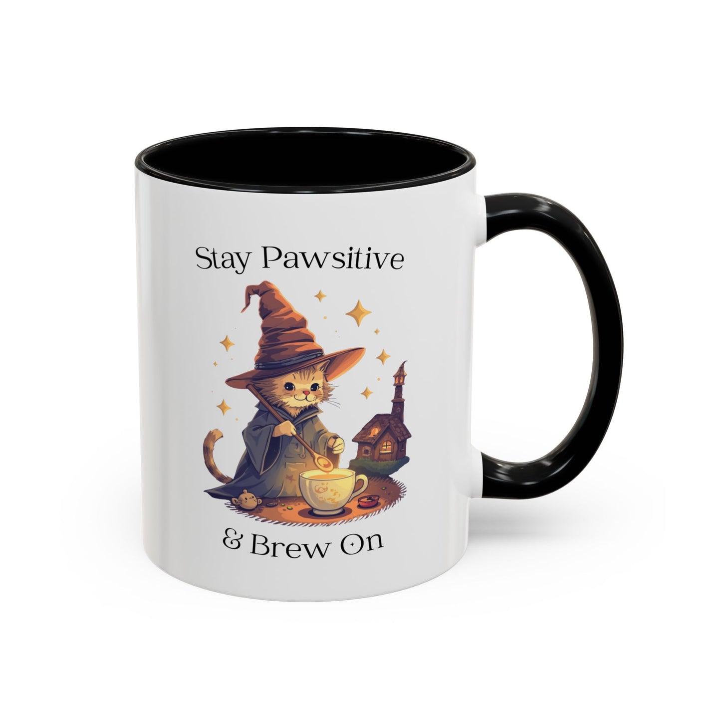 Magical Cat Coffee Mug – Stay Pawsitive & Brew On Cup, Wizard Cat Coffee Gift, Cute Cat Lover Mug, Cat Magic Potion Mug, Gifts for Coffee Lovers