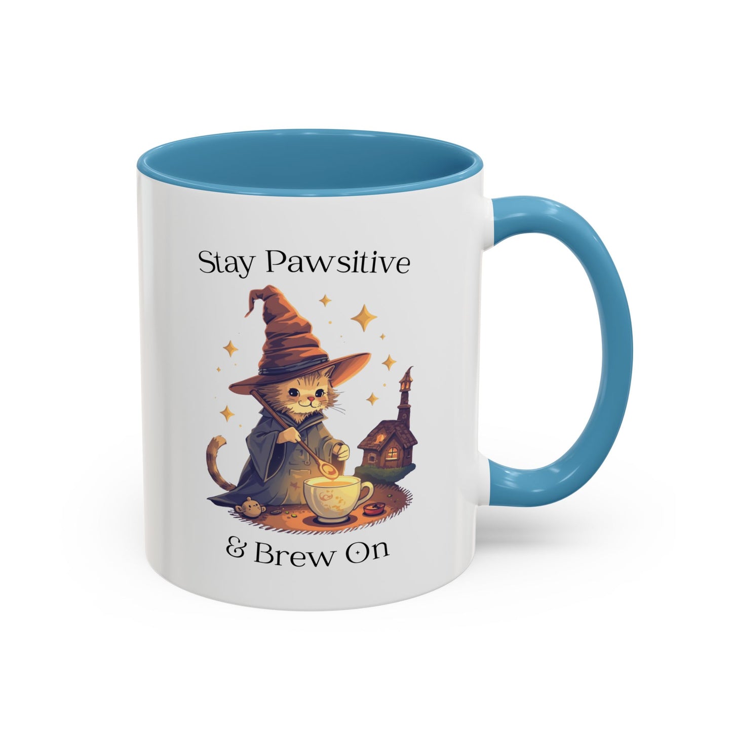 Magical Cat Coffee Mug – Stay Pawsitive & Brew On Cup, Wizard Cat Coffee Gift, Cute Cat Lover Mug, Cat Magic Potion Mug, Gifts for Coffee Lovers