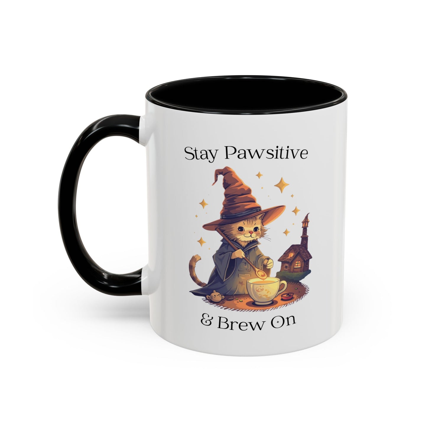 Magical Cat Coffee Mug – Stay Pawsitive & Brew On Cup, Wizard Cat Coffee Gift, Cute Cat Lover Mug, Cat Magic Potion Mug, Gifts for Coffee Lovers