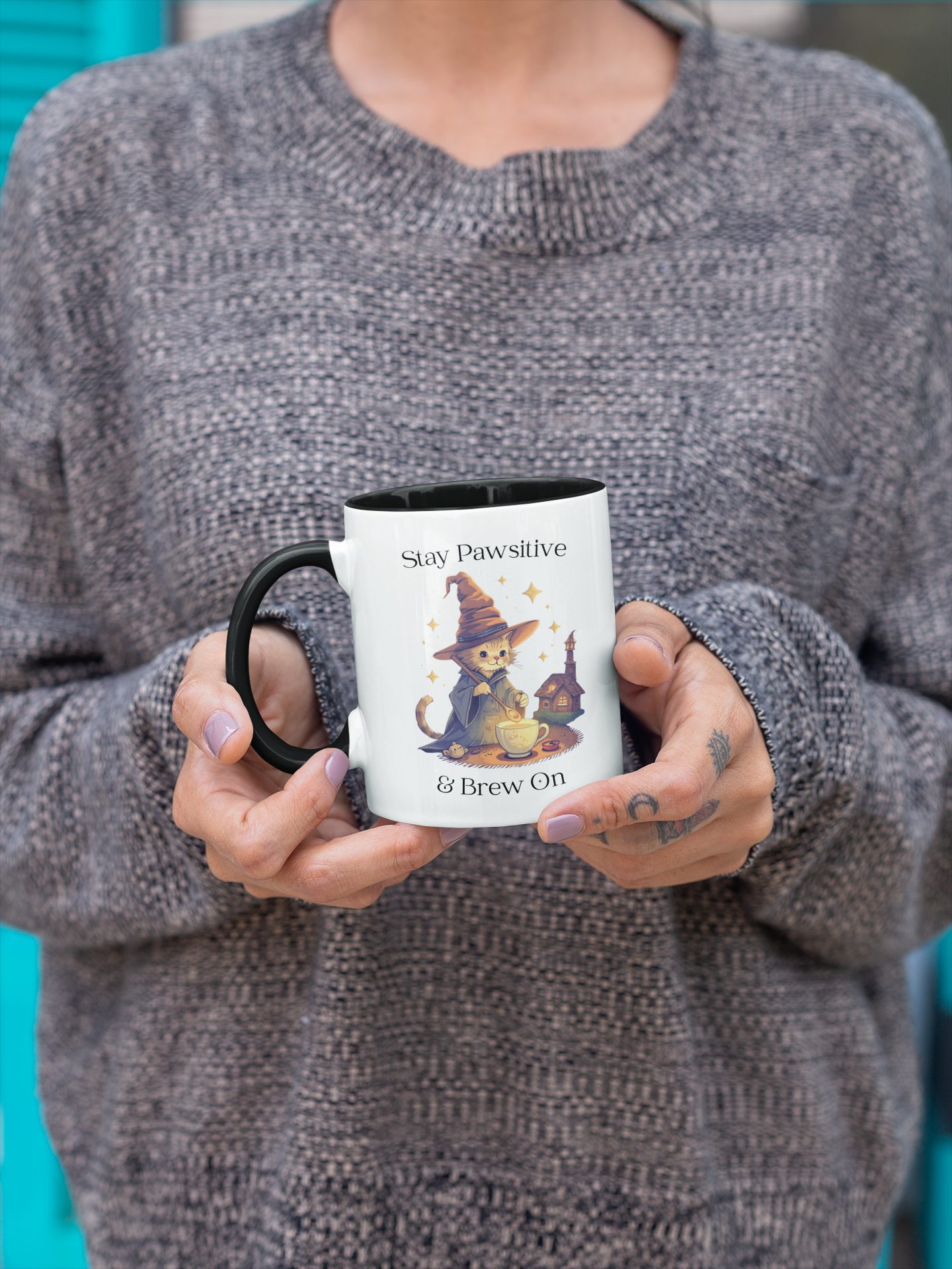 Magical Cat Coffee Mug – Stay Pawsitive & Brew On Cup, Wizard Cat Coffee Gift, Cute Cat Lover Mug, Cat Magic Potion Mug, Gifts for Coffee Lovers
