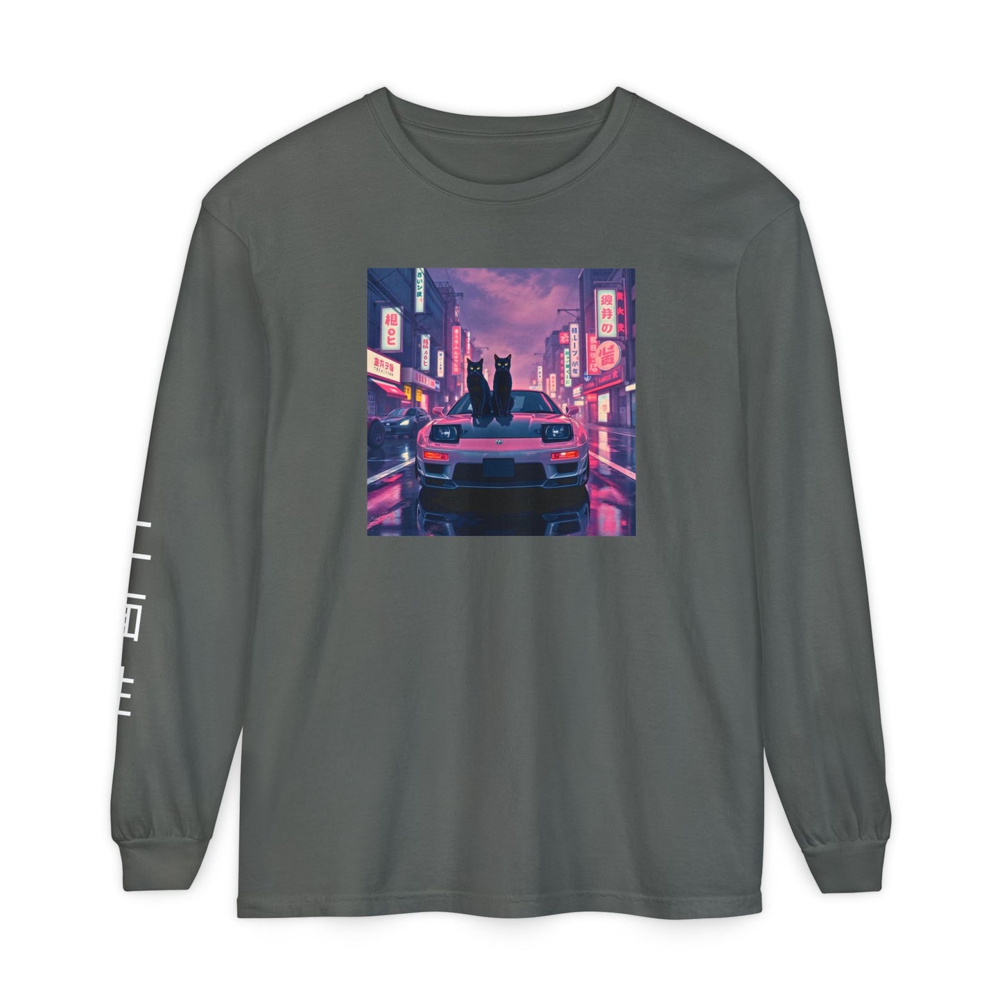 Japanese Car Culture Cat Long Sleeved T-Shirt - Dual Black Cats JDM Streetwear with Kanji