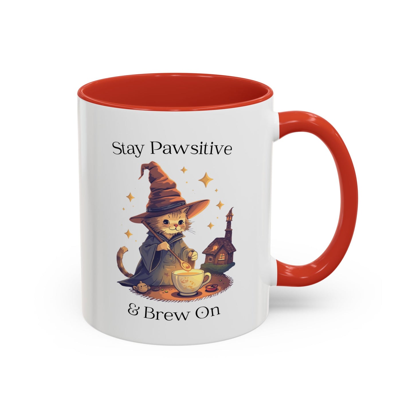 Magical Cat Coffee Mug – Stay Pawsitive & Brew On Cup, Wizard Cat Coffee Gift, Cute Cat Lover Mug, Cat Magic Potion Mug, Gifts for Coffee Lovers