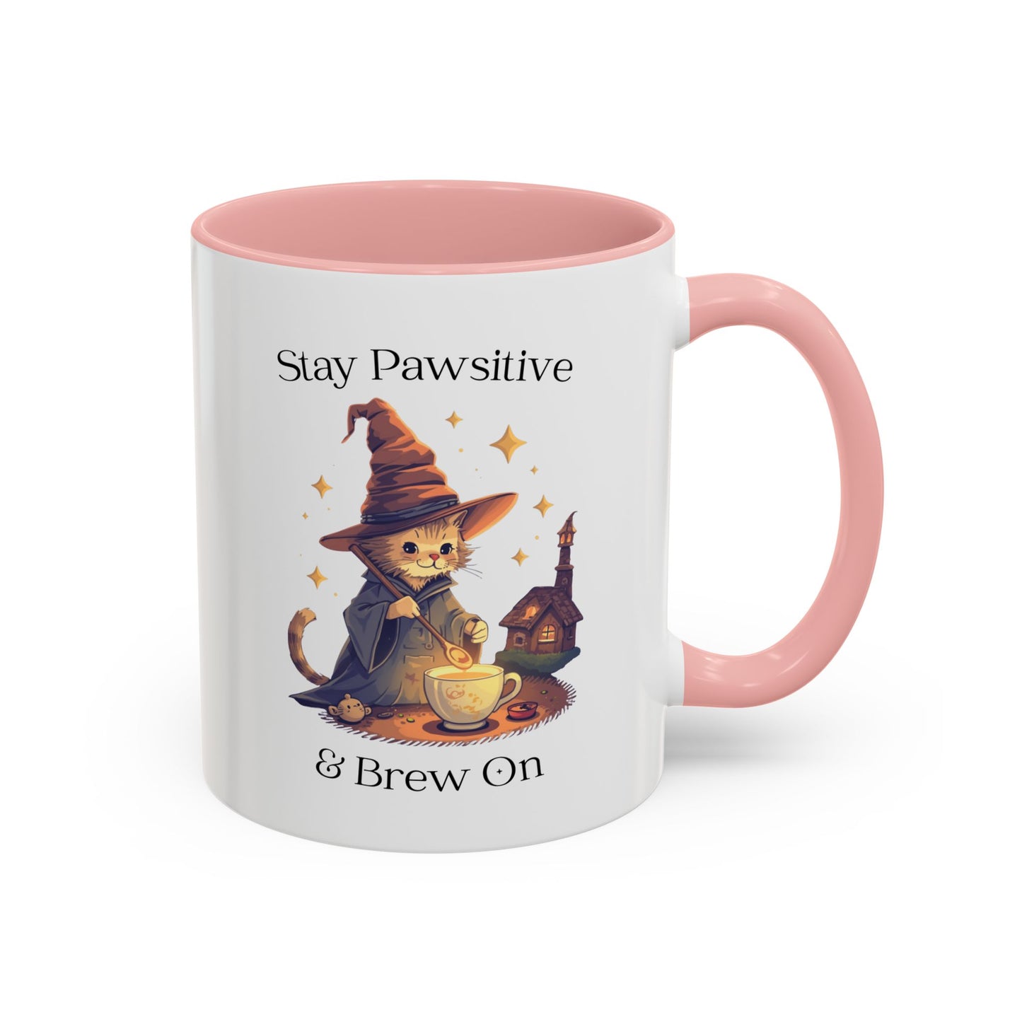 Magical Cat Coffee Mug – Stay Pawsitive & Brew On Cup, Wizard Cat Coffee Gift, Cute Cat Lover Mug, Cat Magic Potion Mug, Gifts for Coffee Lovers