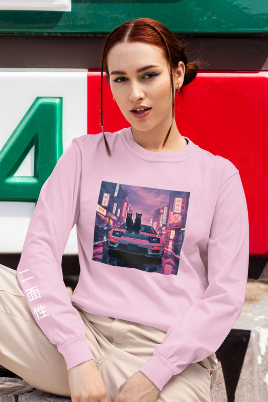 Japanese Car Culture Cat Long Sleeved T-Shirt - Dual Black Cats JDM Streetwear with Kanji