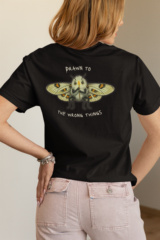 "Drawn to the Wrong Things" Moth T-Shirt - Dark Humor Graphic Tee with Melodramatic Design