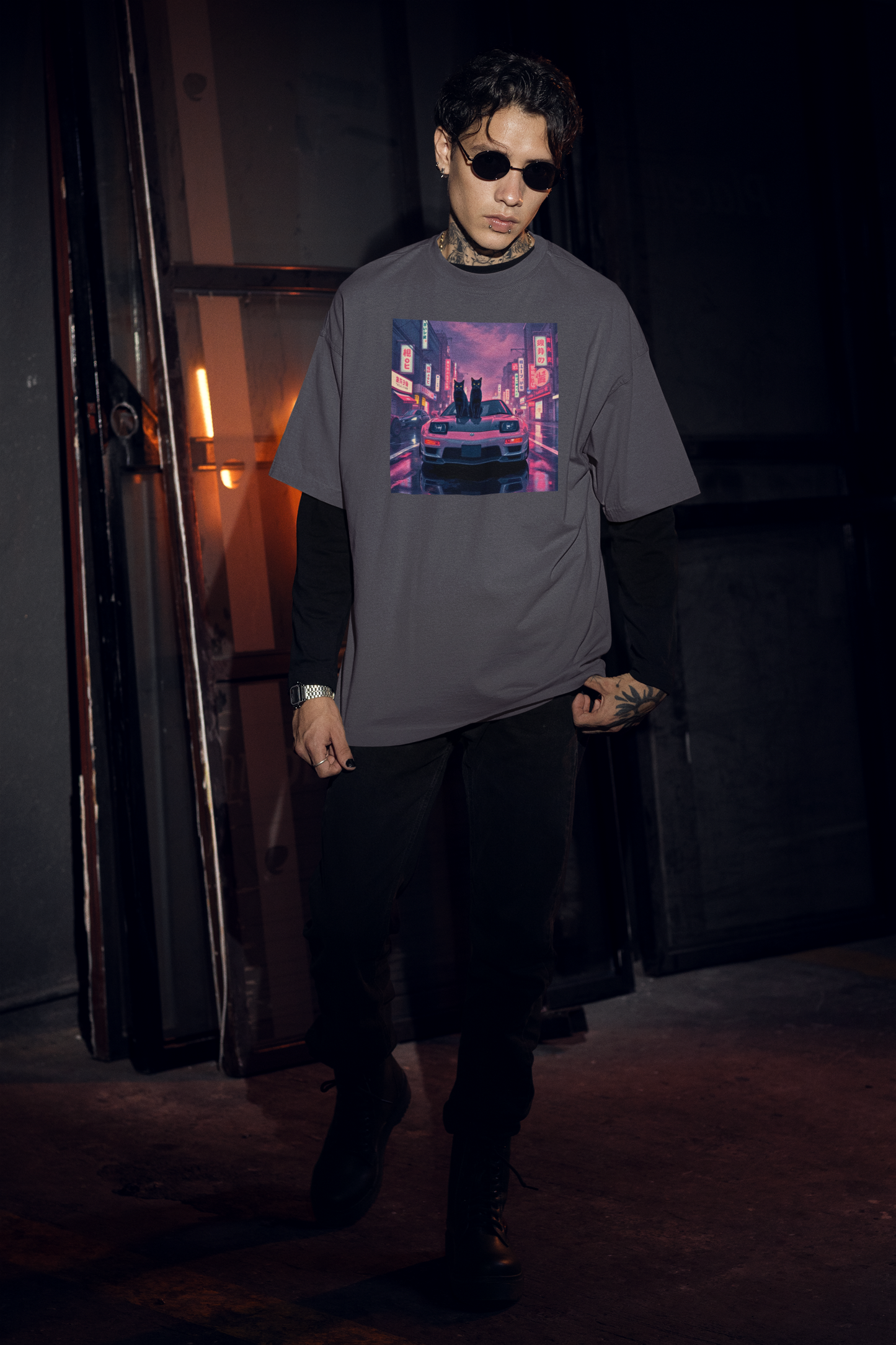 Japanese Car Culture Cat T-Shirt - Dual Black Cats JDM Streetwear with Kanji