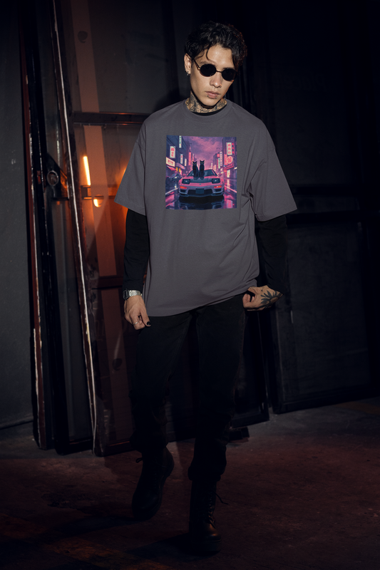 Japanese Car Culture Cat T-Shirt - Dual Black Cats JDM Streetwear with Kanji